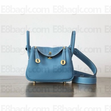 Hermes Mini Lindy 19cm Bag in original  taurillon clemence leather Blue Jean with gold hardware(handmade)