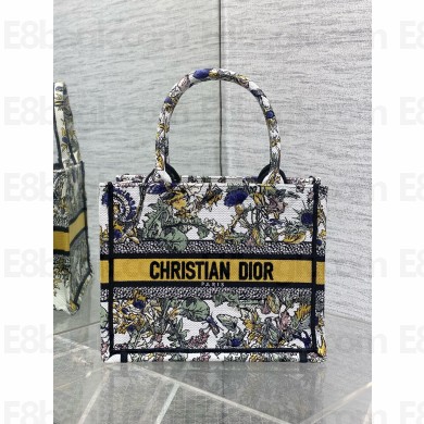 Dior small Book Tote bag in Latte Embroidery with Yellow Multicolor Dior Chardons Motif 2025
