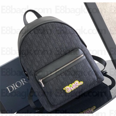 DIOR AND KAWS Rider 2.0 Zipped Backpack in Black Grained Calfskin and Black Dior Oblique Jacquard 2025