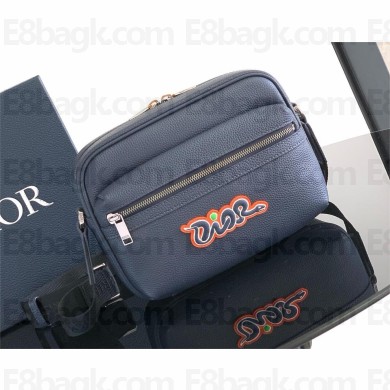 DIOR AND KAWS Mini Rider 2.0 Zipped Messenger Bag IN NAVY BLUE Grained Calfskin 2025