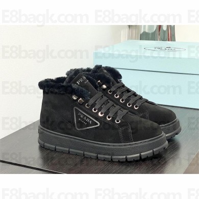 Prada Nylon Shearling Mid-Top Sneakers black 2023