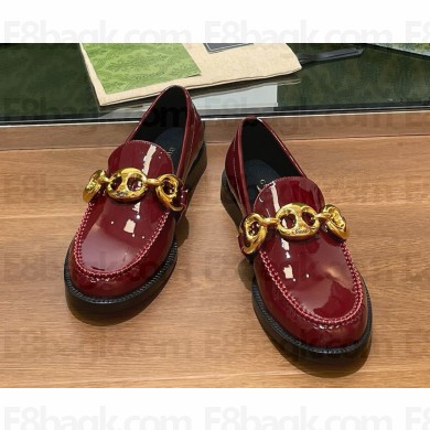 Gucci Women's patent  leather loafers with metal buckle burgundy 1125-2024