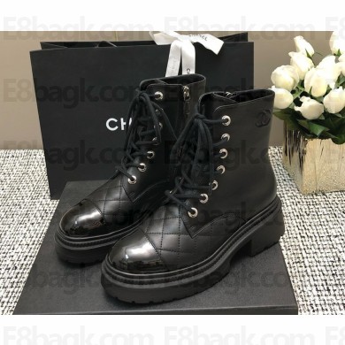 Chanel lace-up Quilted Leather CC Logo Combat Boots black 1125-2024