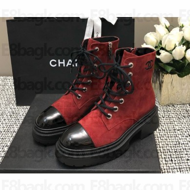Chanel lace-up Quilted velvet CC Logo Combat Boots burgundy 1125-2024