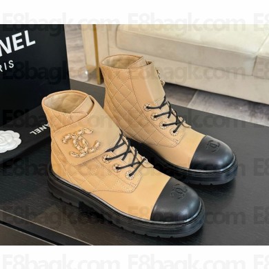 Chanel Lambskin Chain CC Logo Combat Boots beige 1125-2024