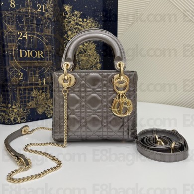 DIOR Mini Lady Dior Bag IN metallic gray Cannage Lambskin 2023