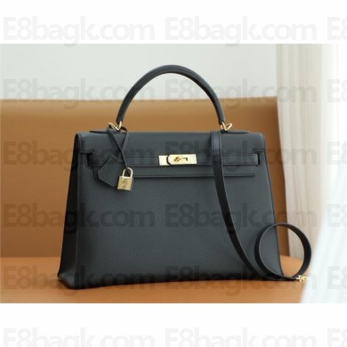 Hermes KELLY 35 In Original EPSOM Leather black with Gold Hardware (Full Handmade)