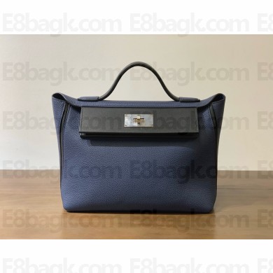 HERMES 24/24 MINI KELLY BAG IN evercolor/swift LEATHER bleu sapphire/noir with silver hardware(full handmade)
