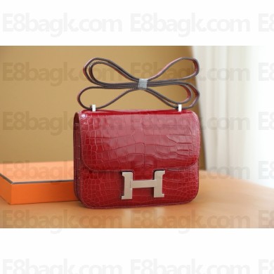 Hermes Constance 18 Bag in alligator leather rouge casaque with silver hardware(handmade)