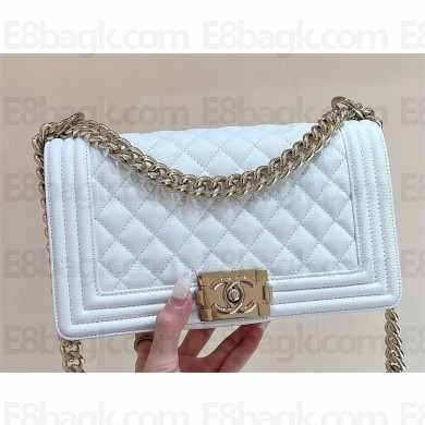 Chanel Medium Le Boy Bag In Caviar Leather white With silver Hardware(Original Quality )