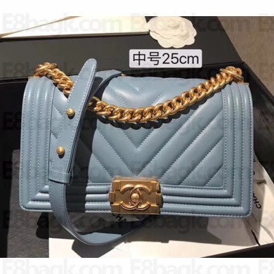 Chanel Lambskin Chevon Medium Boy Flap Bag Blue With Gold Hardware 2018 