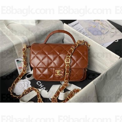 chanel Shiny Lambskin & Gold-Tone Metal brown Mini Flap Bag with Top Handle AS4992 2024