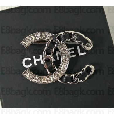 Chanel Crystal and Leather CC Small Brooch Black/Crystal/Silver 2018