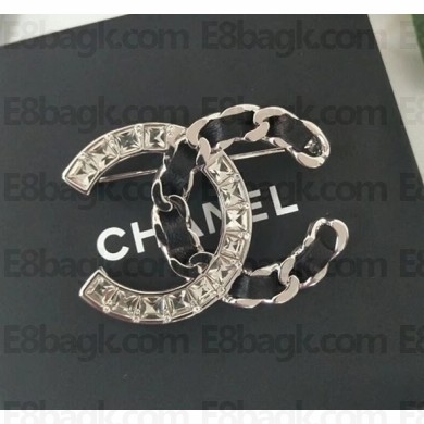 Chanel Crystal and Leather CC Large Brooch Black/Crystal/Silver 2018