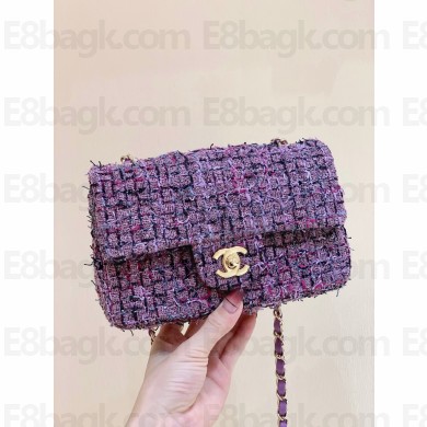 chanel Tweed & Gold-Tone Metal Purple & Black mini flap bag(original quality)