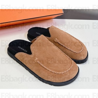Hermes women/men Johan suede leather mules brown 2024