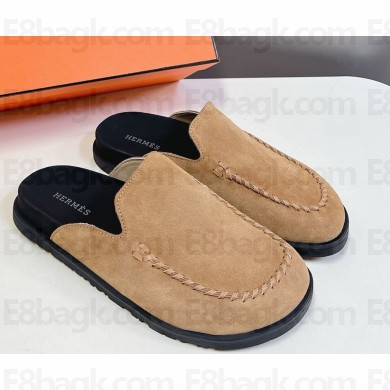 Hermes women/men Johan suede leather mules beige 2024
