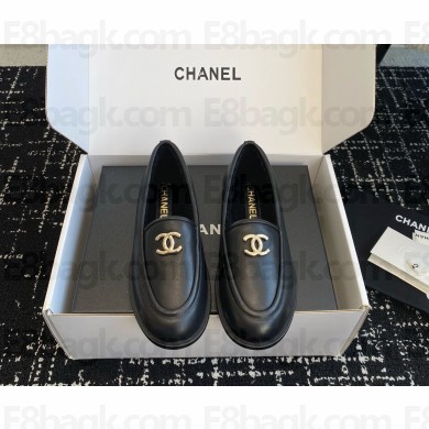 Chanel women's Calfskin  with shearling Loafers in black 2024