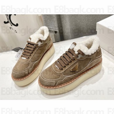 Prada Women's Natural Suede Mid-Top lace-up shearling Sneakers in brown 2024
