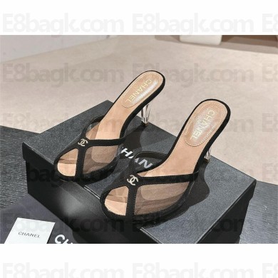CHANEL heel 7.5cm mesh mules suede black 2024