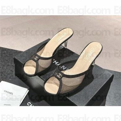 CHANEL heel 7.5cm mesh mules black canvas 2024