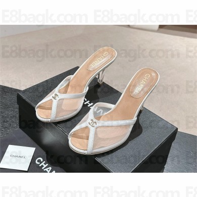 CHANEL heel 7.5cm mesh mules suede white 2024