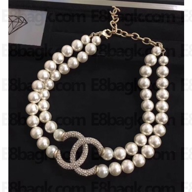 Chanel Double Pearl Necklace with CC Logo White 2018