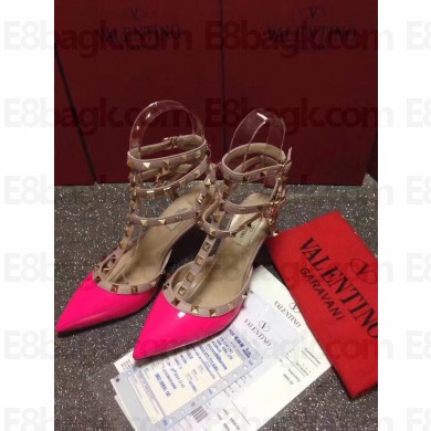 VALENTINO ROCKSTUD ANKLE STRAP PATENT PUMP 6.5CM dark pink