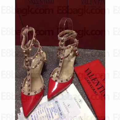 VALENTINO ROCKSTUD ANKLE STRAP PATENT PUMP 6.5CM Red 