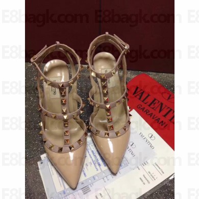 VALENTINO ROCKSTUD ANKLE STRAP PATENT PUMP 9.5CM NUDE