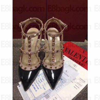 VALENTINO ROCKSTUD ANKLE STRAP PATENT PUMP 9.5CM Black