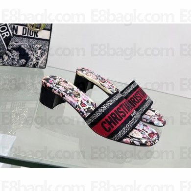 dior 4cm Black Multicolor de Jouy Embroidered Cotton Dway Heeled Slide 2022