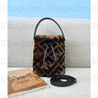 Fendi Mon Tresor Wool FF Logo Mini Bucket Shoulder Bag Brown 2020