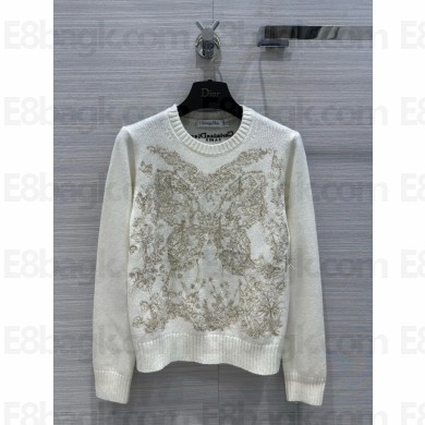 dior Gold-Tone and White Cashmere Knit with Butterfly Around the World Motif Embroidered Sweater 2024 