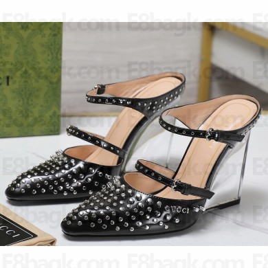 Gucci women's calfskin mules with rivet black heel 10cm 2025