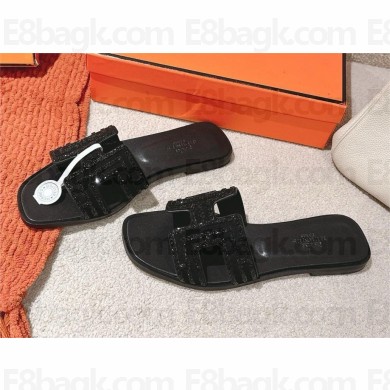 Hermes sequins flat Oasis Sandals in suede leather black 2025