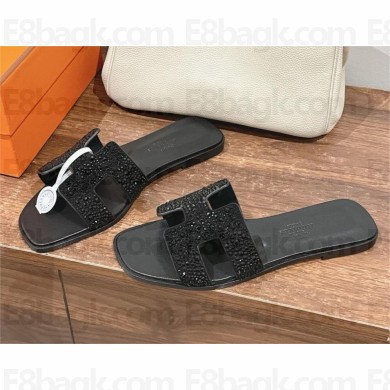 Hermes Oasis flat sandal in suede black with crystals 2024 
