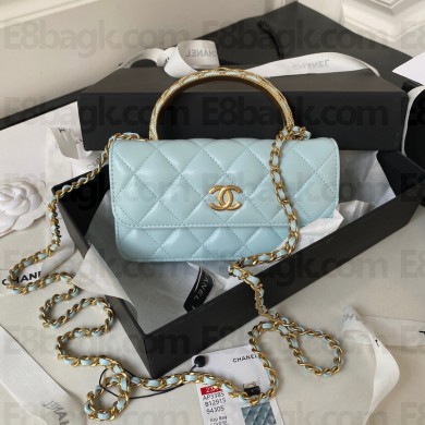 Chanel Lambskin Phone Holder with Chain Bag BLUE with Top Handle AP3385 2023