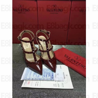 VALENTINO ROCKSTUD ANKLE STRAP PATENT PUMP 9.5CM dark red