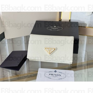 Prada Small Saffiano Leather Wallet 1MC122 Enameled metal triangle logo white/gold 2024