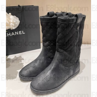 Chanel Black Suede Shearling Boots cc Logo 1216-2024ss