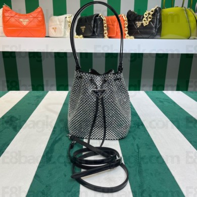 Prada Crystal Bucket Bag 1BE067 black 2022 