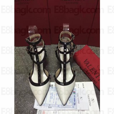 VALENTINO ROCKSTUD ANKLE STRAP SHEEPSKIN PUMP 6.5CM WHITE BLACK