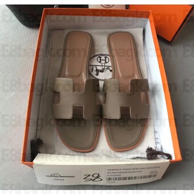 Hermes Oran Flat slippers in epsom leather elephant etain 02