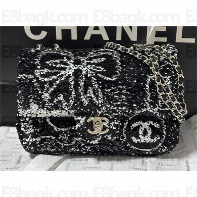 Chanel Sequins & Gold-Tone Metal Evening Bag with Bow AS4561 Black & White 2024