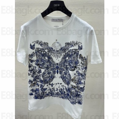 dior White Cotton and Linen Jersey with Pastel Midnight Blue Butterfly Around The World Motif T-shirt 2024 