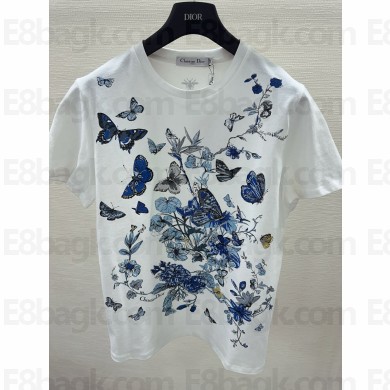 dior White Cotton Jersey with Pastel Midnight Blue Toile de Jouy Mexico Motif T-shirt 2024 