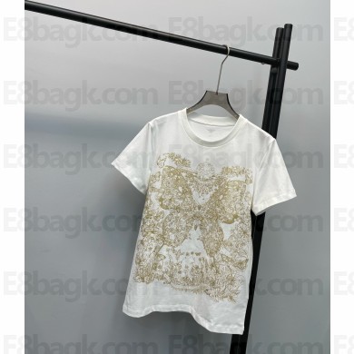dior White Cotton Jersey with Gold-Tone Butterfly Around the World Motif T-shirt 2024 