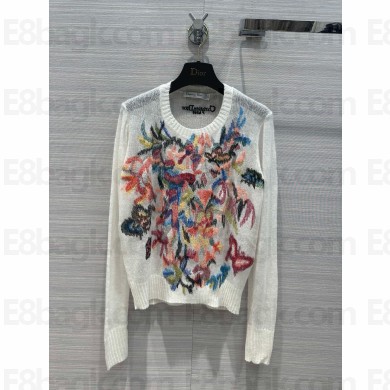 dior White Technical Mohair and Alpaca Knit with Multicolor Toile de Jouy Fantastica Motif Embroidered Sweater 2024 