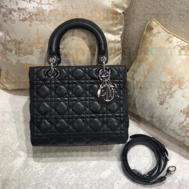 Lady Dior Medium Bag in Lambskin Leather Black with silver hardware
